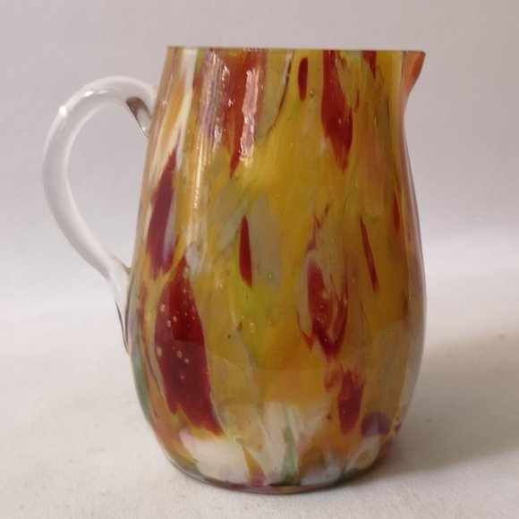 Lovely Tutti-Frutti Pattern Hand-blown Art Glass Vessel Applied Clear Handle - Picture 1 of 6